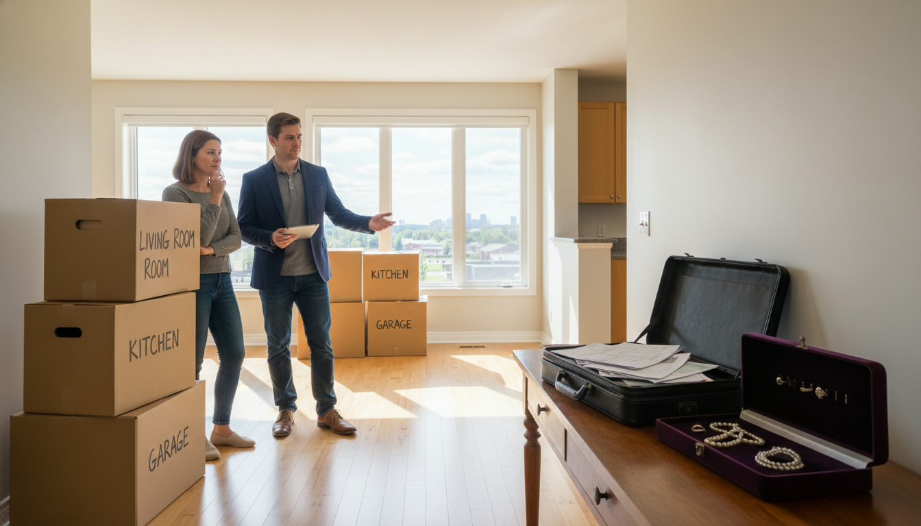 Realtor advising family in a Milton home with labeled boxes and valuables on the table