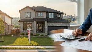 Milton Ontario house for sale with mortgage paperwork and calculator on table