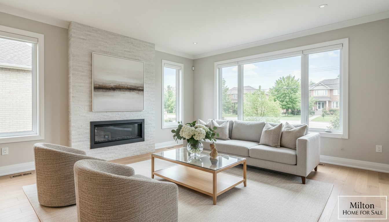 Staged living room in a Milton, Ontario home with neutral decor and bright natural light, ready for sale.
