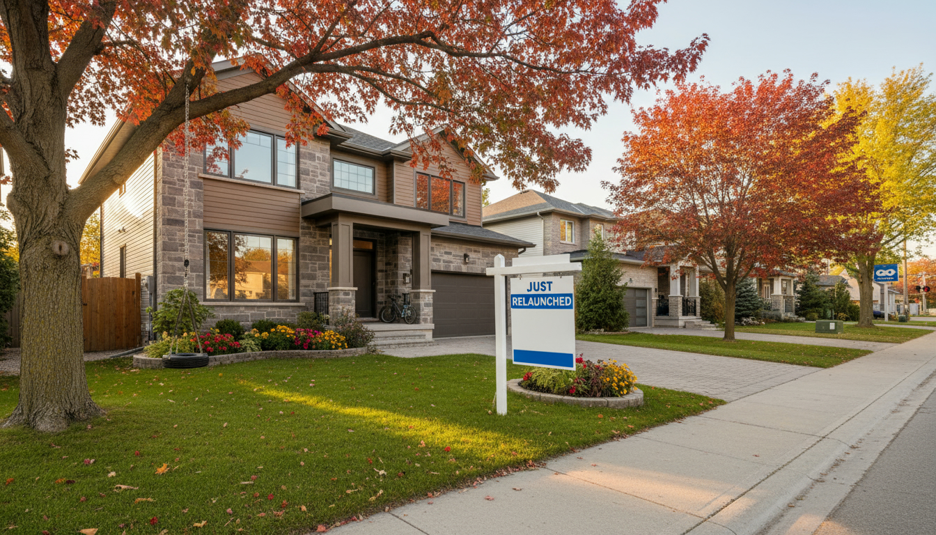 Milton Ontario suburban house with 'Just Relaunched' real estate sign in front, showing curb appeal and nearby transit.