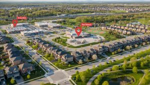 Aerial view of a Milton neighbourhood showing a school, homes, park, and nearby amenities with map markers.