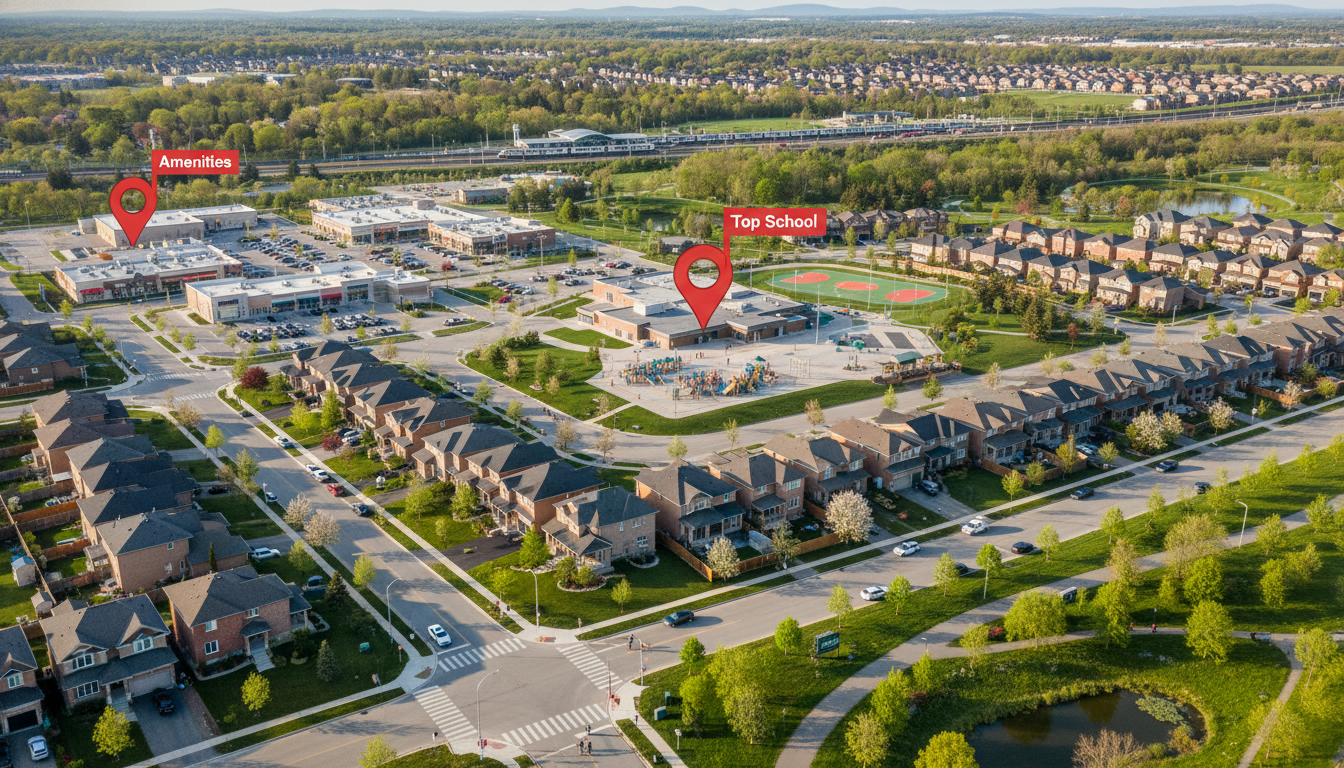 Aerial view of a Milton neighbourhood showing a school, homes, park, and nearby amenities with map markers.