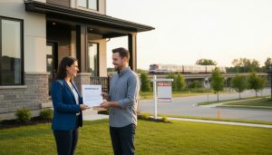 Realtor handing mortgage documents to homeowner outside a Milton, Ontario suburban house for sale