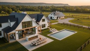 Staged luxury farmhouse interior with view of manicured acreage and escarpment in Milton, Ontario