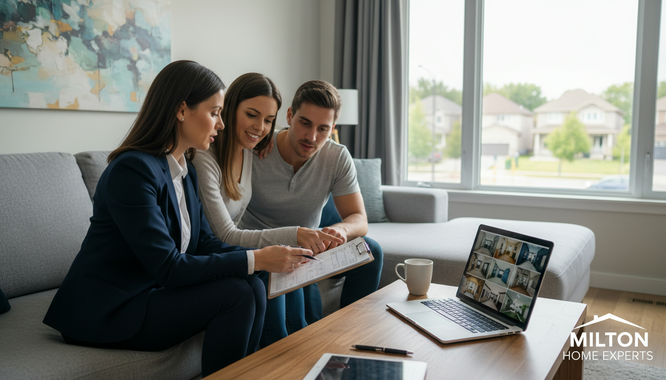 Realtor reviewing home inspection report with homeowners in a Milton, Ontario home