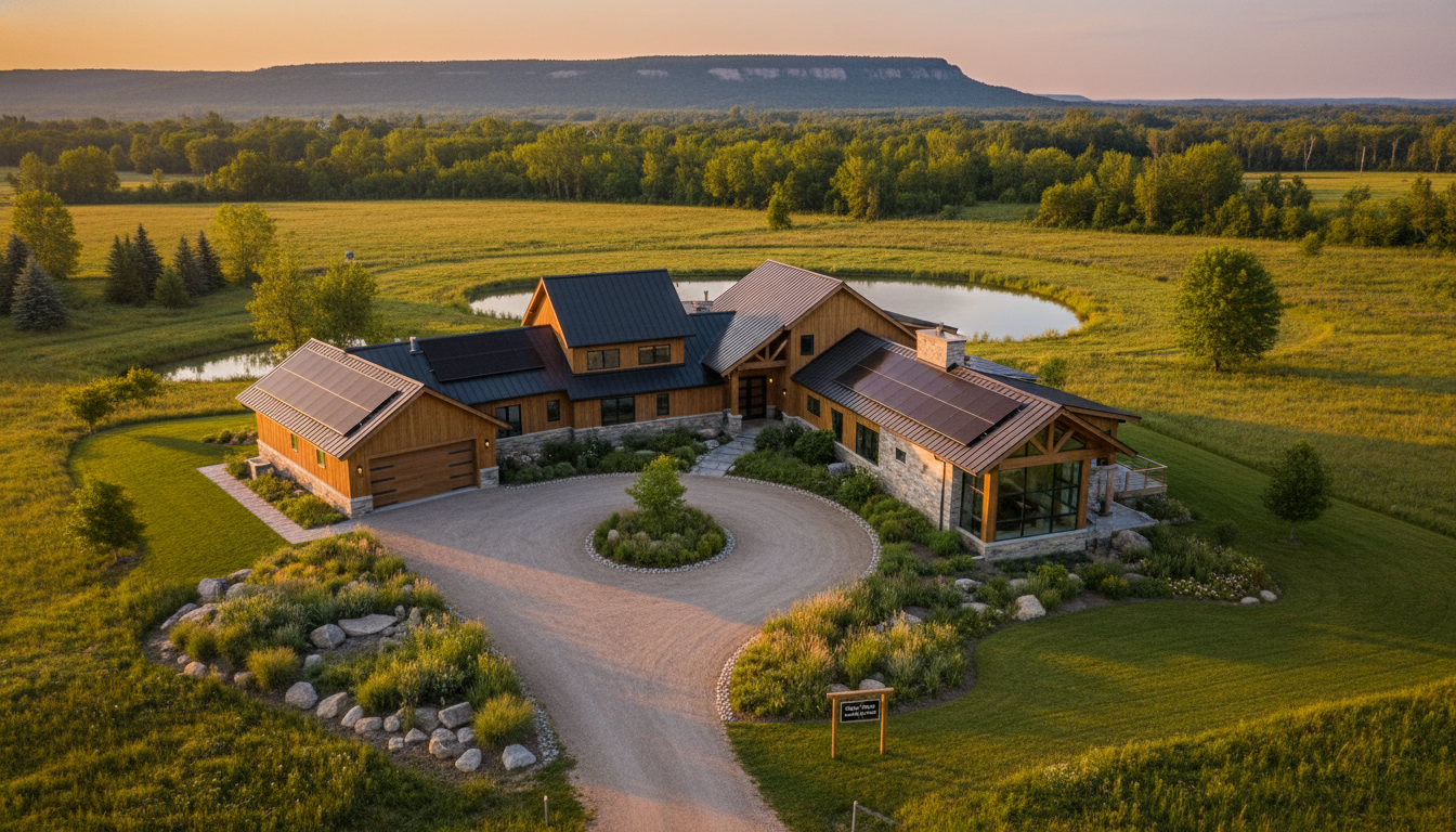 Luxury eco-friendly rural home near Milton Ontario with solar panels, native landscaping, and Niagara Escarpment in background