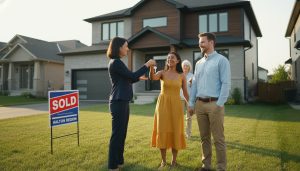 Milton home closing scene with agent handing keys to buyer and seller in front of a sold house