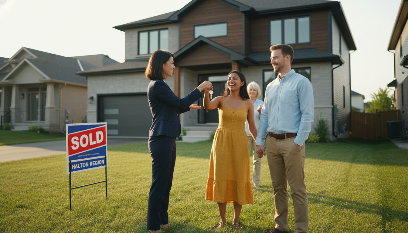 Milton home closing scene with agent handing keys to buyer and seller in front of a sold house