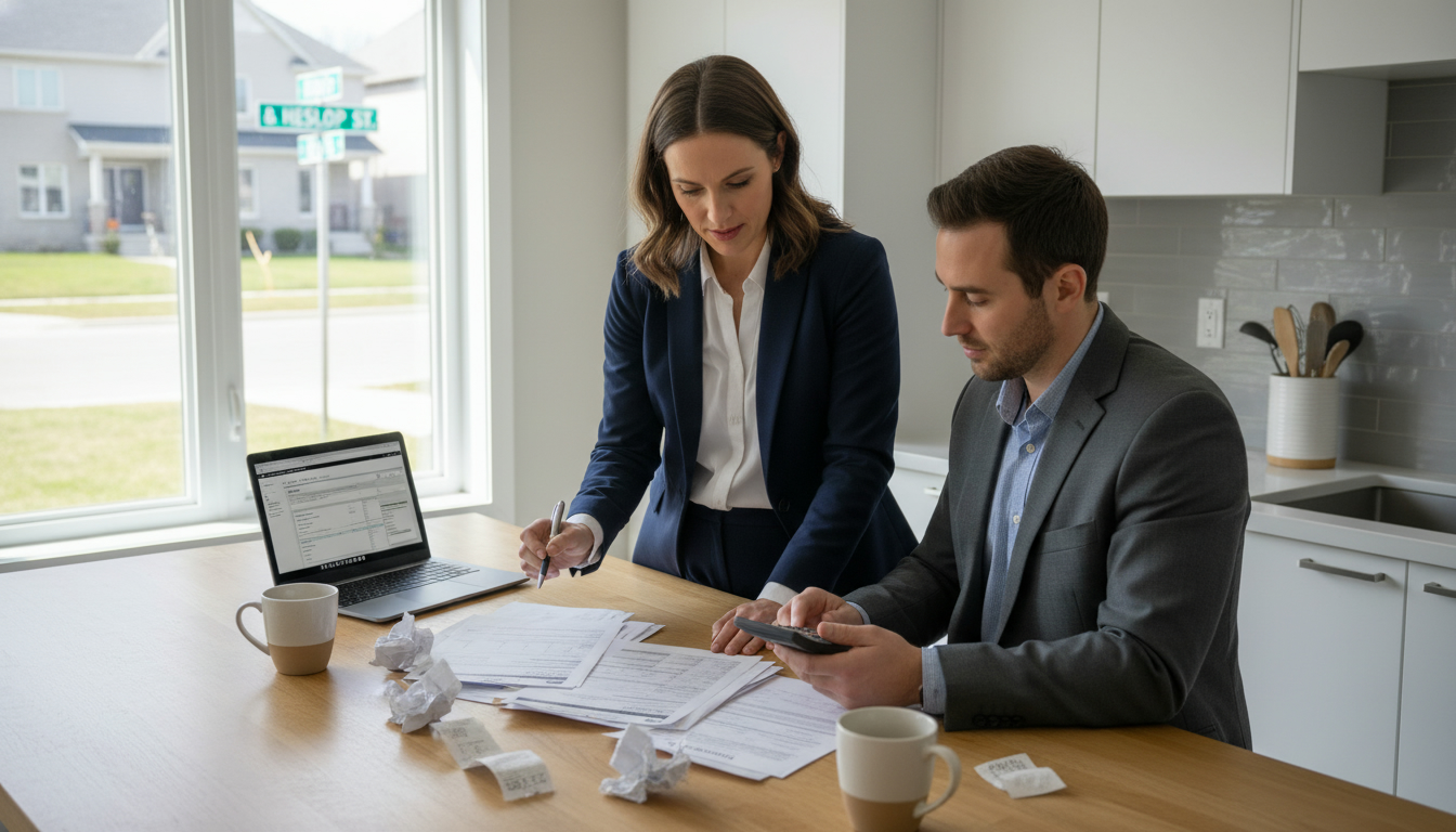 Realtor and homeowner in Milton reviewing selling paperwork, receipts and calculator on kitchen counter.