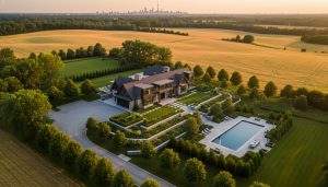 Aerial view of a luxury country estate near Milton with manicured grounds and distant Toronto skyline.