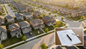 Milton Ontario suburban home with sold sign, contract and keys representing sale conditions and closing process