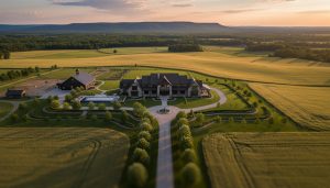 Aerial view of a luxury rural estate near Milton, Ontario at sunset showing mansion, acreage, driveway and barn.