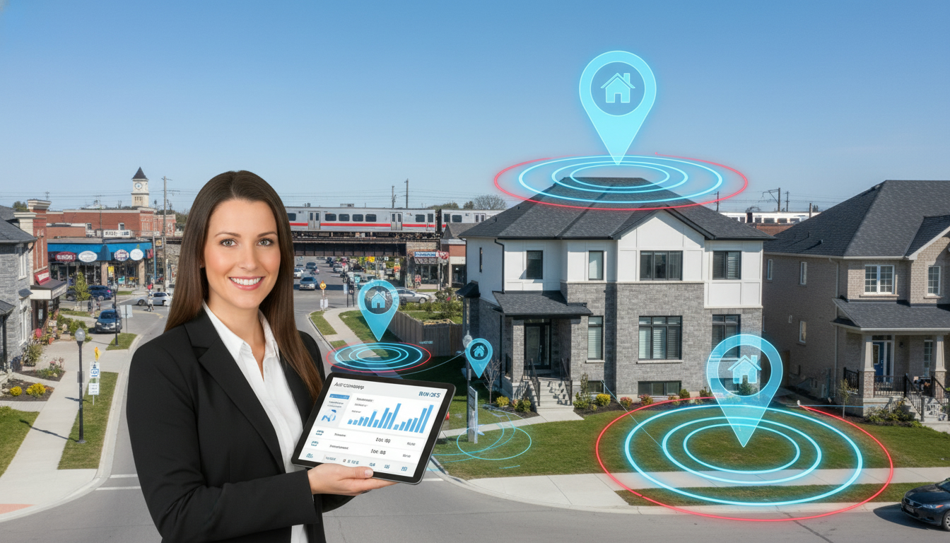 Milton Ontario home with map pins and a realtor holding a tablet showing geo-targeting map zones