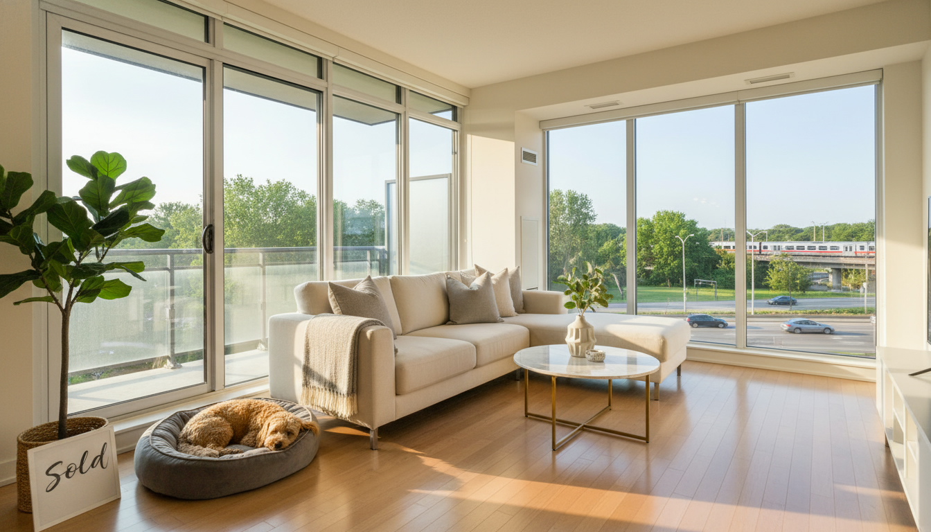 Modern condo living room staged for sale with a dog on a bed and balcony showing green space