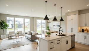 Modern staged open-plan living room and kitchen in a Milton home with neutral colors and natural light