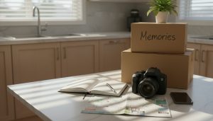 Journal and camera on kitchen table with moving boxes and Milton brochure, morning light