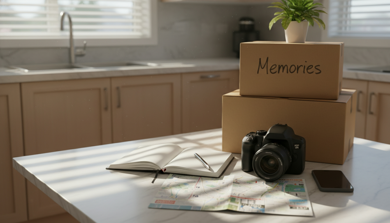 Journal and camera on kitchen table with moving boxes and Milton brochure, morning light