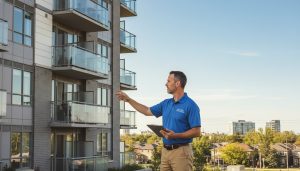 Home inspector examining a Milton condo balcony with clipboard, condo building in background