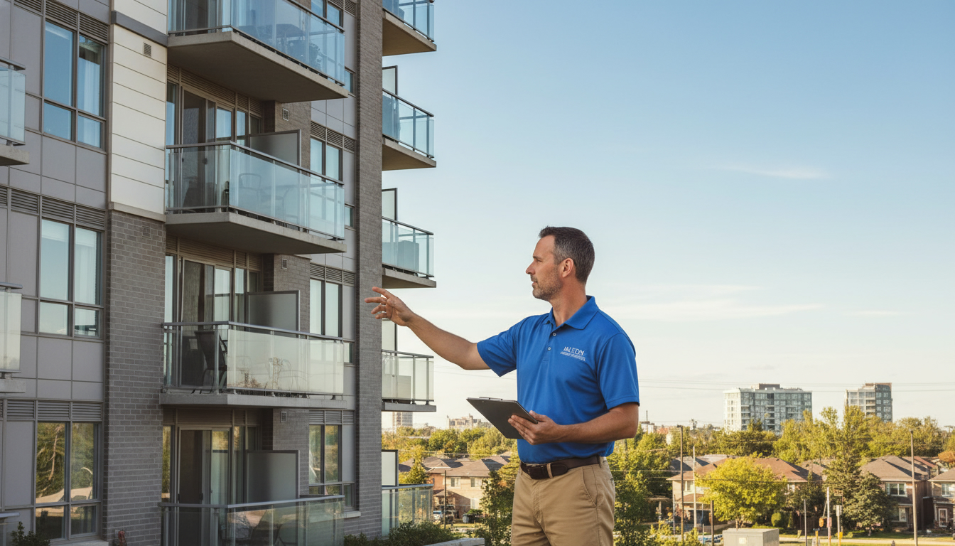 Home inspector examining a Milton condo balcony with clipboard, condo building in background