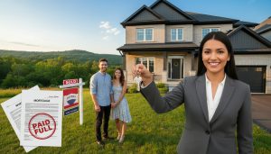 Real estate agent hands keys to homeowners in front of a sold home in Milton with mortgage documents stamped PAID.