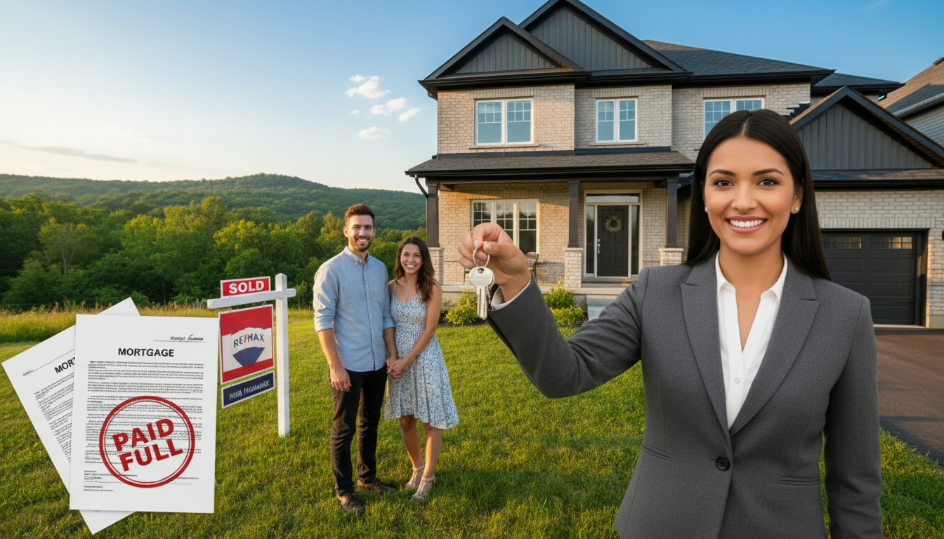 Real estate agent hands keys to homeowners in front of a sold home in Milton with mortgage documents stamped PAID.
