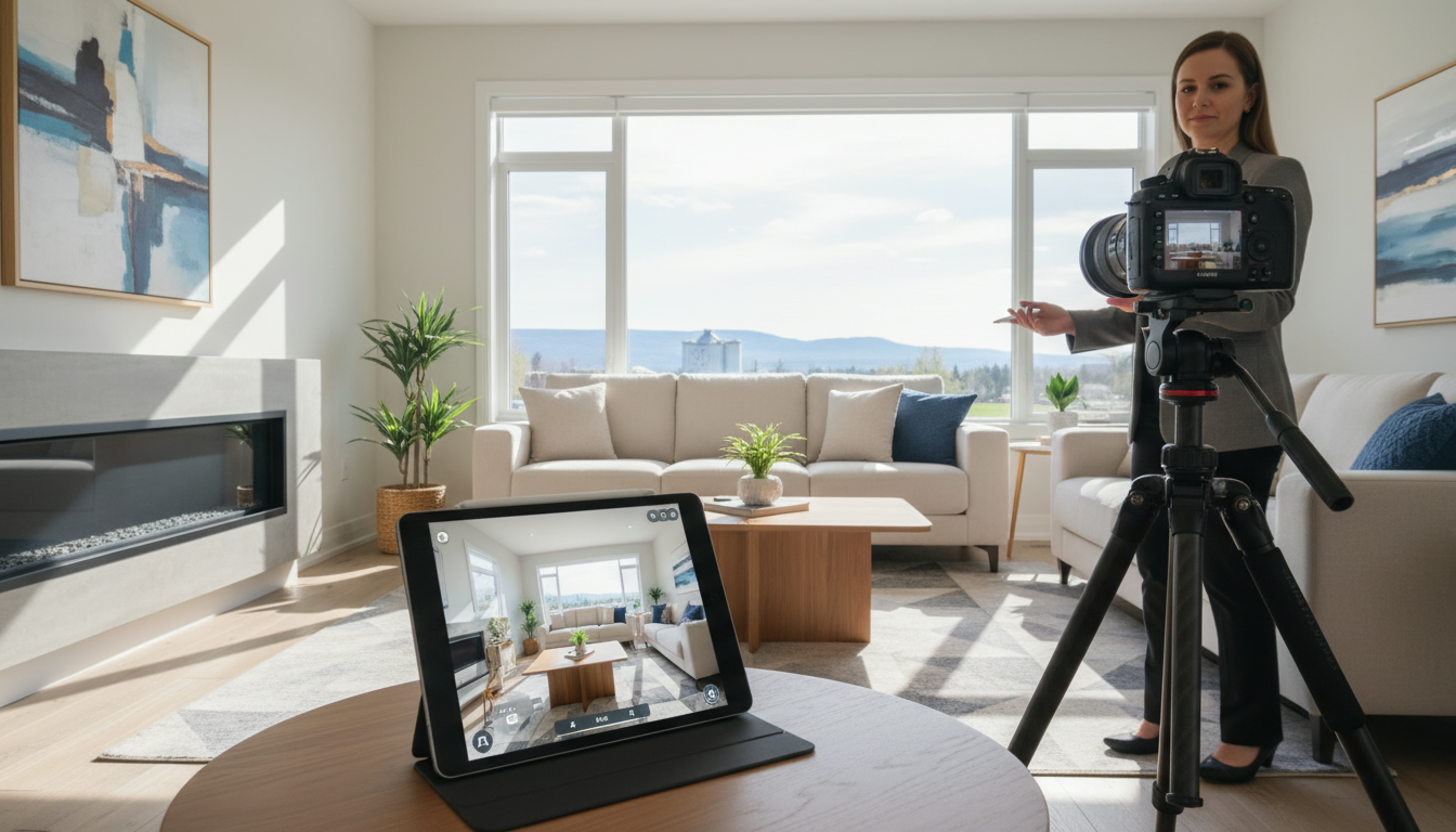 Tablet showing a 3D virtual tour of a staged Milton home interior with camera on tripod and agent pointing at screen
