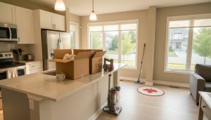Clean staged Milton Ontario home interior with moving boxes and cleaning supplies ready for sale
