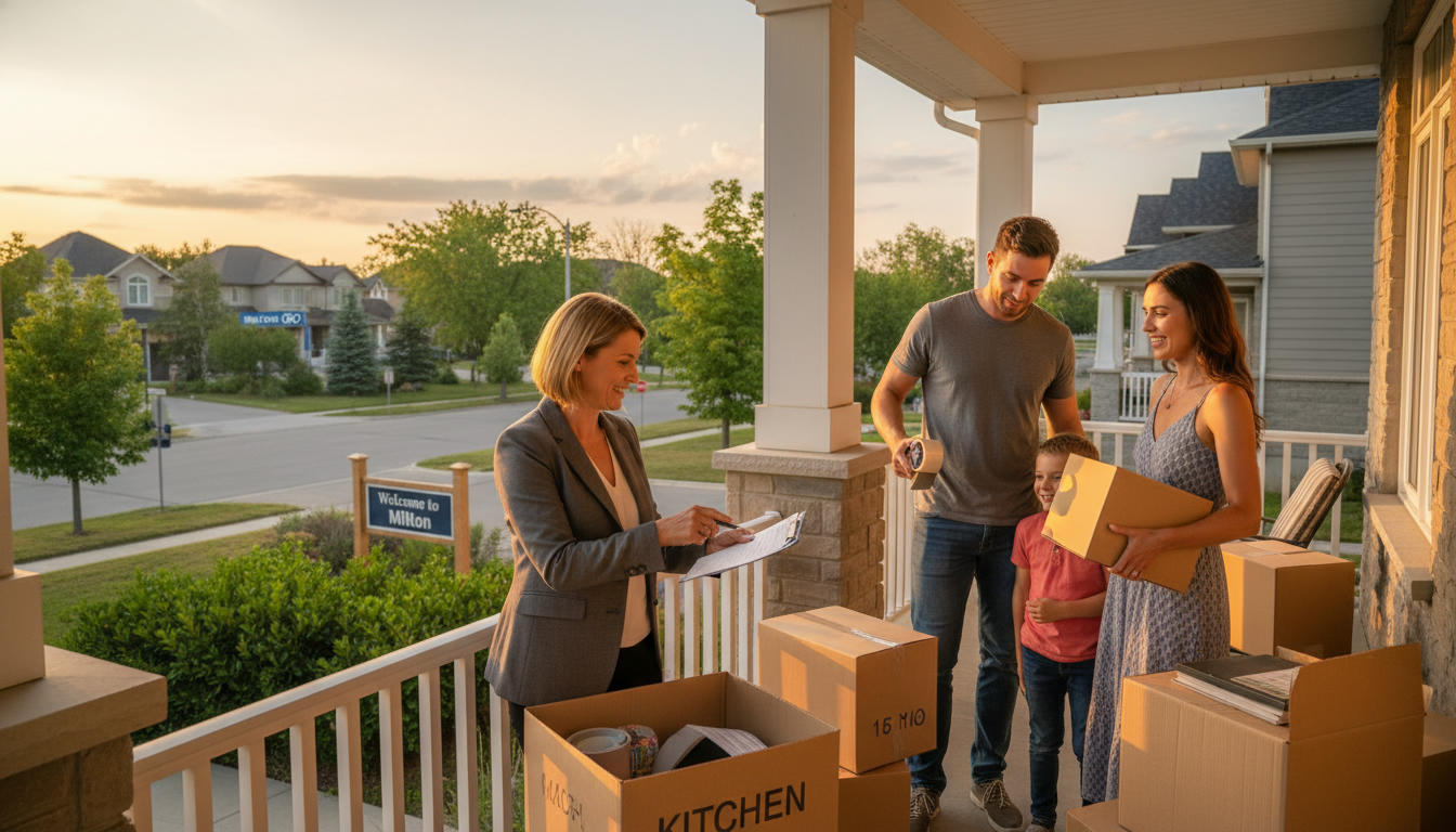 Young couple packing boxes on front porch in Milton, Ontario with realtor and neighborhood in background.