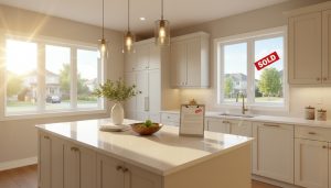 Staged modern kitchen in Milton Ontario with realtor clipboard and 'Sold' visible outside