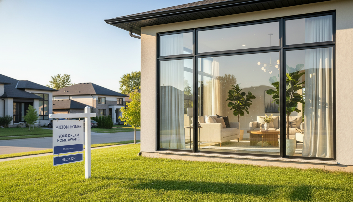 Staged Milton home exterior with clean windows and sunlight streaming through, For Sale sign in front yard