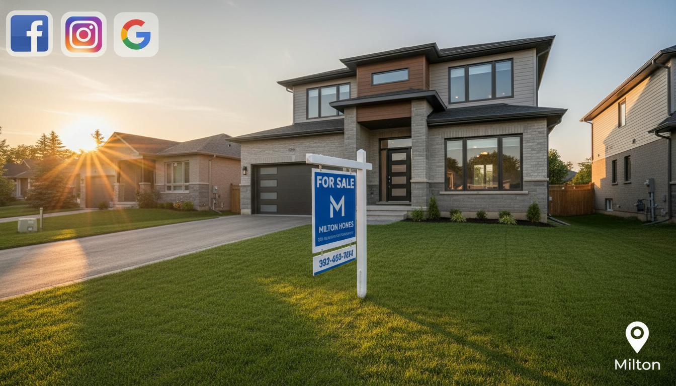 Modern Milton suburban home with For Sale sign and digital advertising icons overlay