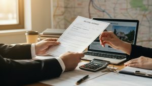 Close-up of seller's statement of adjustments, calculator and house keys with Milton Ontario map blurred in background