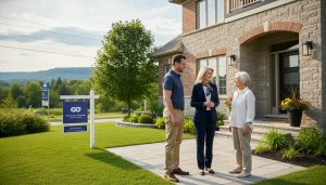 Realtor speaking with adult child and elderly parent outside a Milton Ontario home with a For Sale sign and GO Transit/escapment hints.