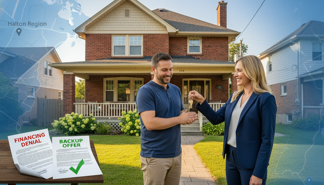 Realtor handing keys to seller in front of a Milton, Ontario home with documents showing financing denial and backup offer.