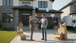 Realtor handing keys to homeowner in front of a Milton, Ontario house with moving boxes and utility icons overlay