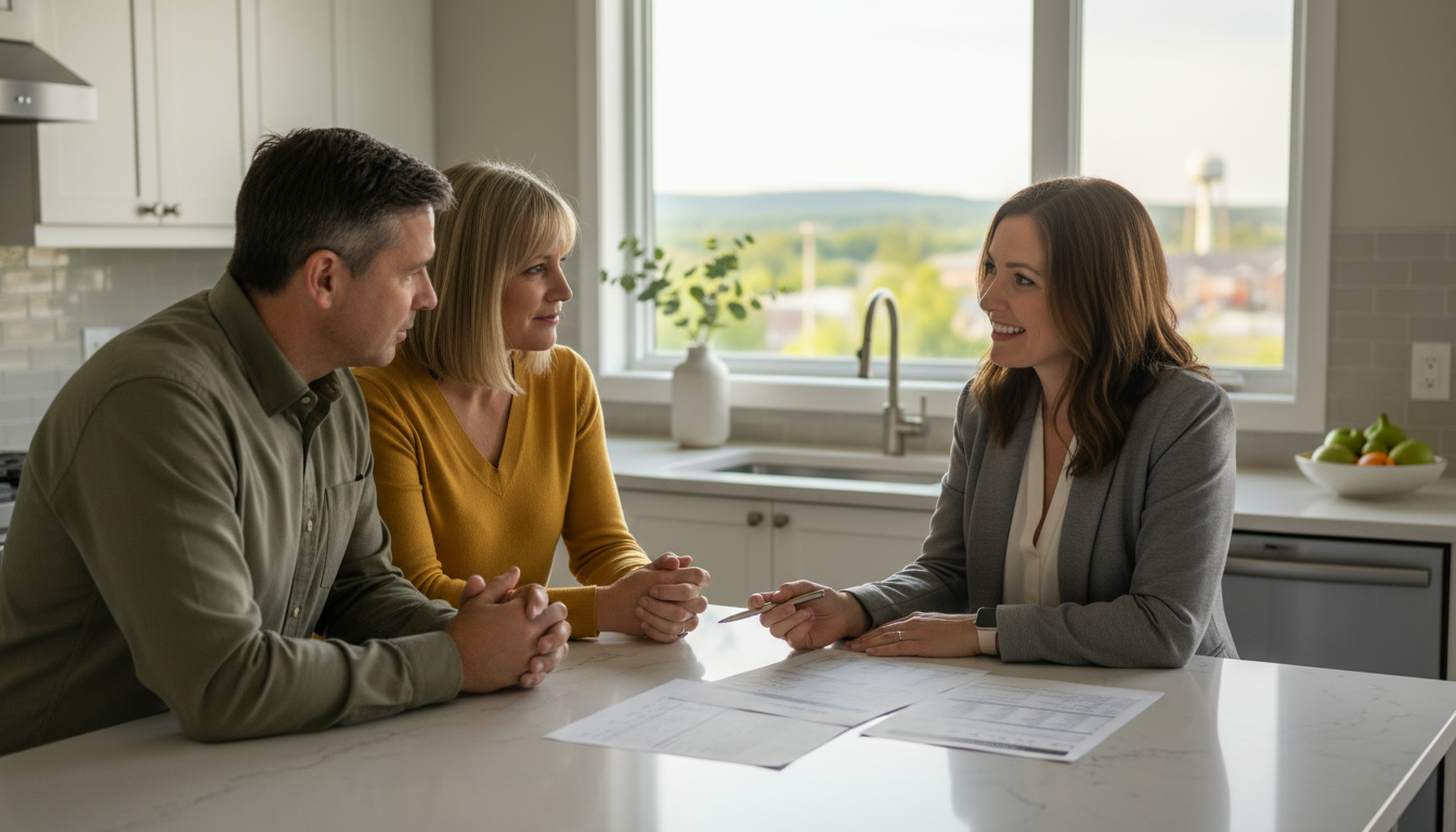 Couple in a Milton home reviewing a real estate market analysis with a realtor at a kitchen island