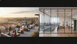 Milton condo rooftop patio and modern gym, showing amenities and Milton GO in the distance