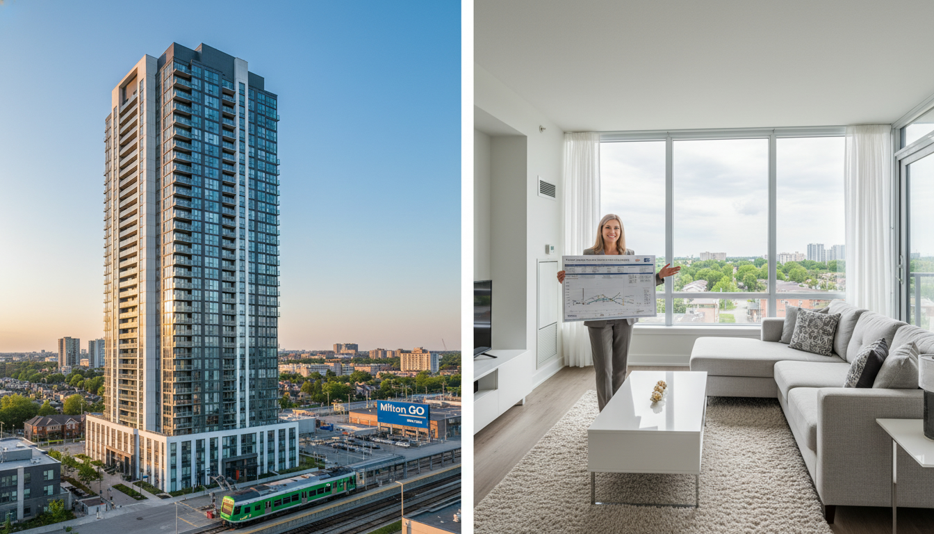 Modern Milton condo exterior and staged interior with realtor holding pricing chart