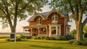 Century heritage home in Milton Ontario with wraparound porch and manicured gardens at golden hour
