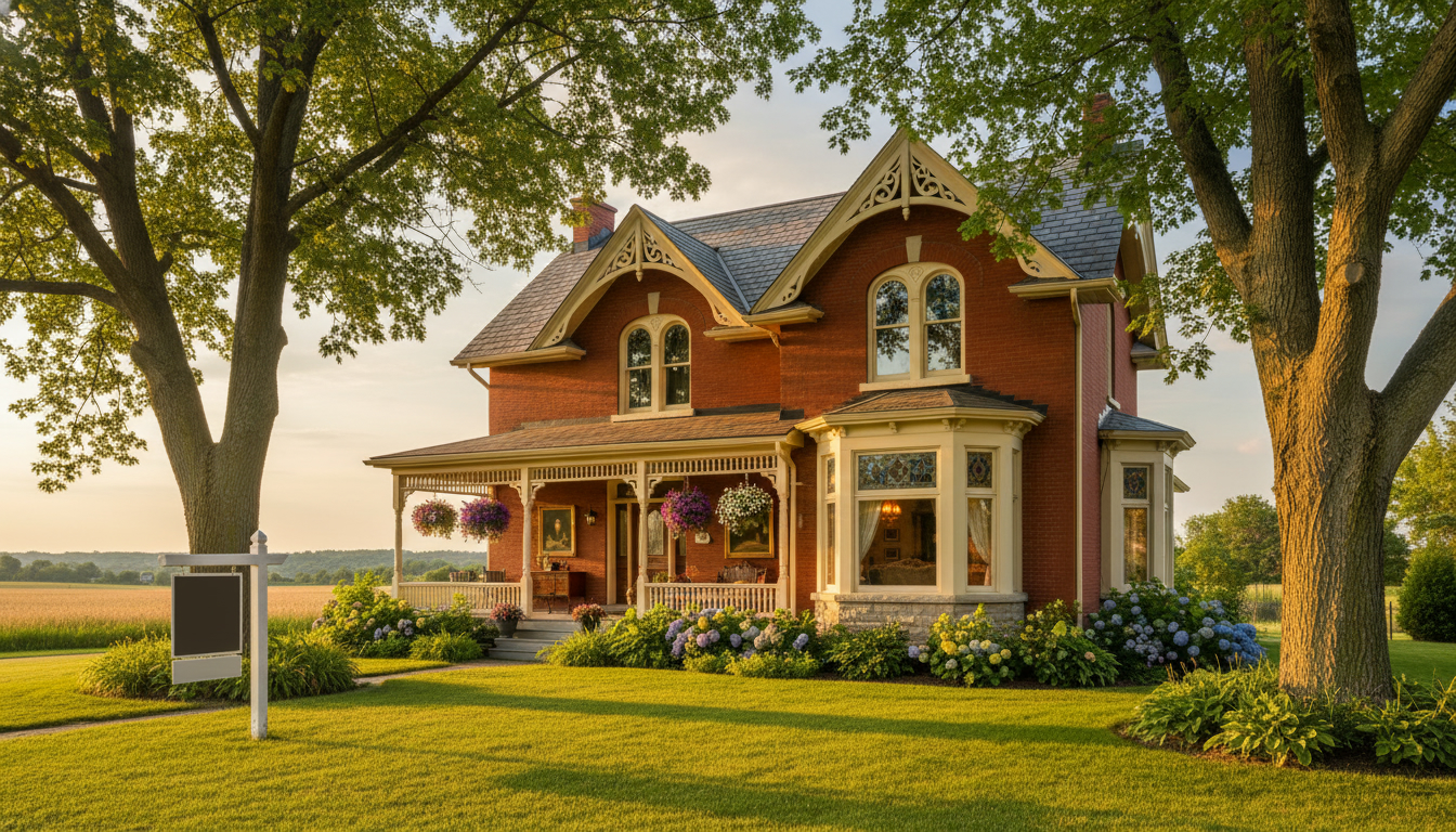 Century heritage home in Milton Ontario with wraparound porch and manicured gardens at golden hour