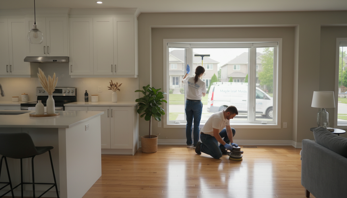 Professional cleaners polishing a bright Milton, Ontario home interior with a branded van outside