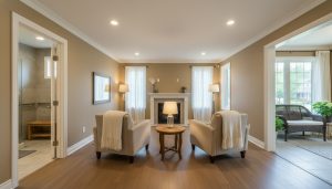 Staged Milton home interior for older buyers with accessible features and cozy seating