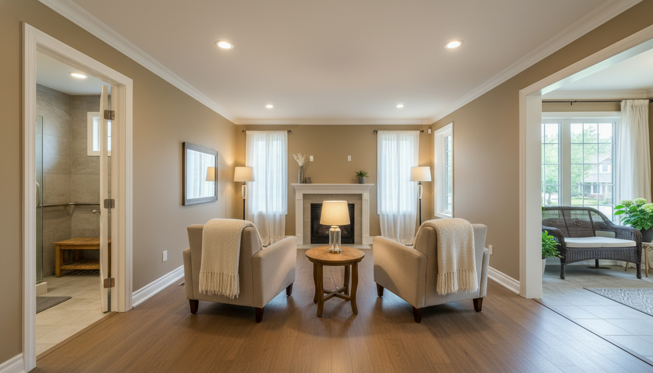 Staged Milton home interior for older buyers with accessible features and cozy seating