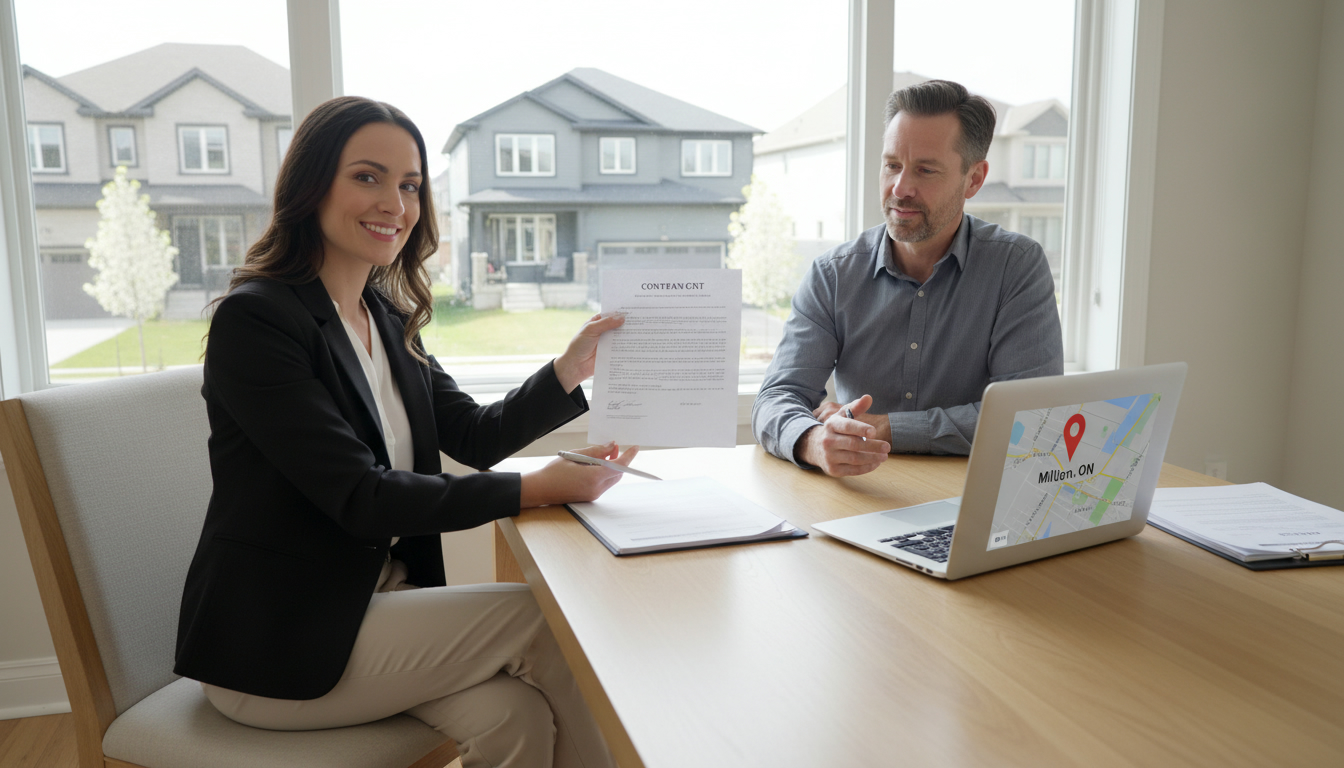 Realtor and homeowner reviewing a signed real estate contract in a Milton, Ontario home with neighborhood visible outside