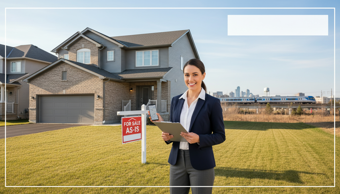 Suburban Milton home with For Sale As-Is sign, real estate agent, and commuter train in the background