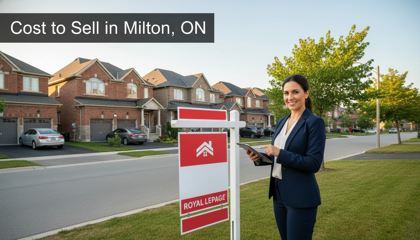 Realtor with a for-sale sign in a Milton, Ontario neighbourhood