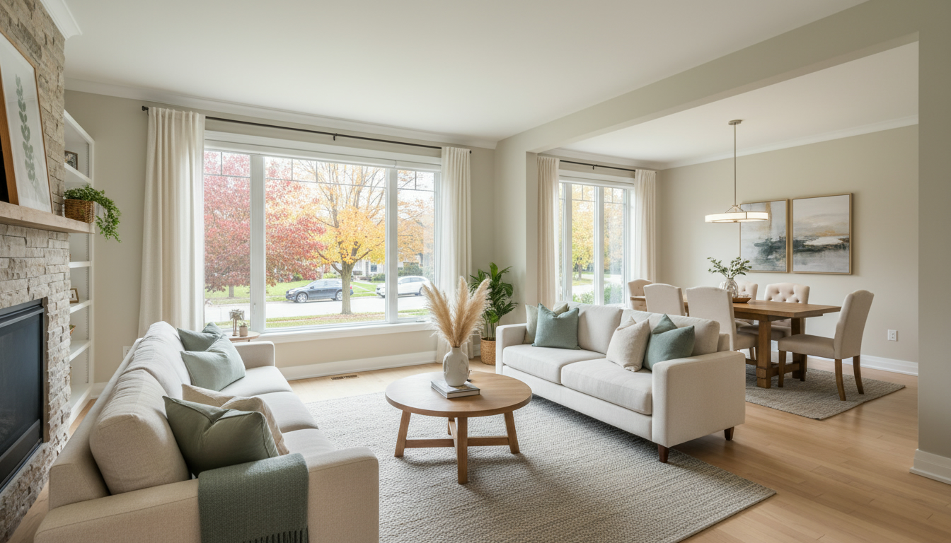 Professionally staged living room in a Milton, Ontario home with neutral furnishings and natural light