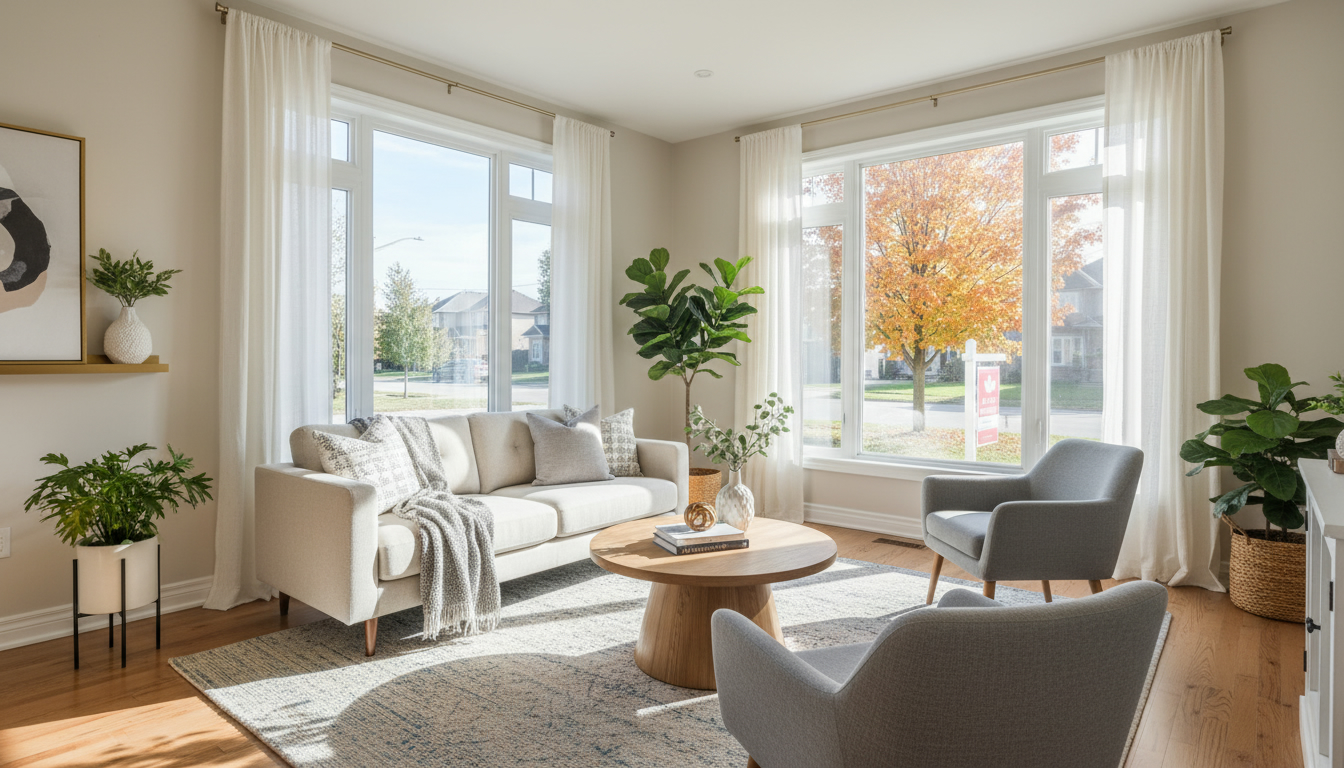 Bright staged living room in a Milton, Ontario home with a For Sale sign visible outside