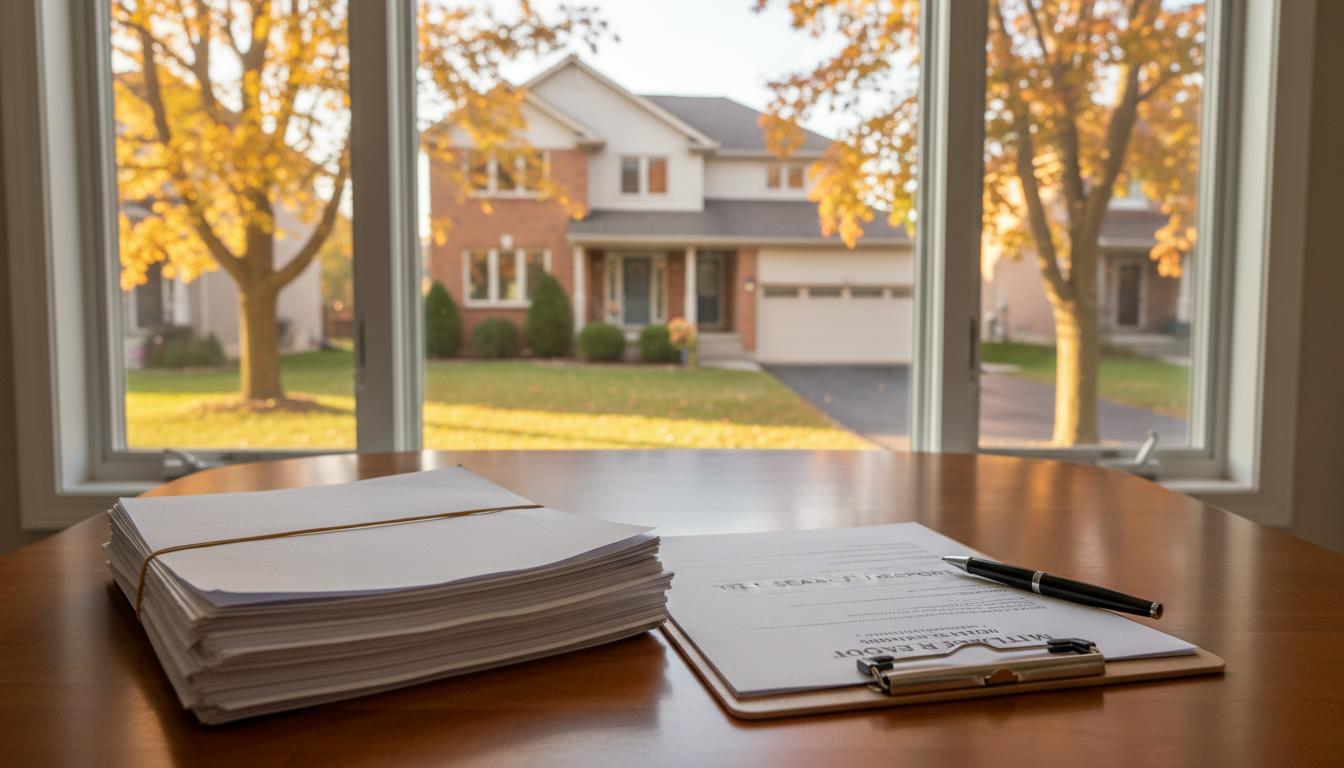 Suburban Milton home with legal documents and title search on a table in foreground representing selling a parent's home with liens.