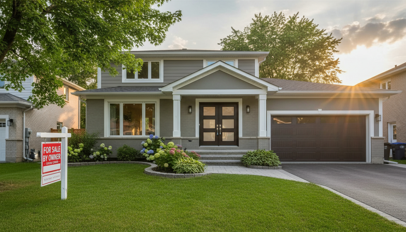 Well-maintained Milton, Ontario home with fresh paint, manicured lawn and For Sale sign ready for listing